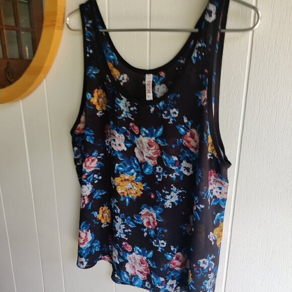Floral Top by Mudd, Sheer Navy Blue Floral has a black bias edge at neck and arm - Picture 3 of 5